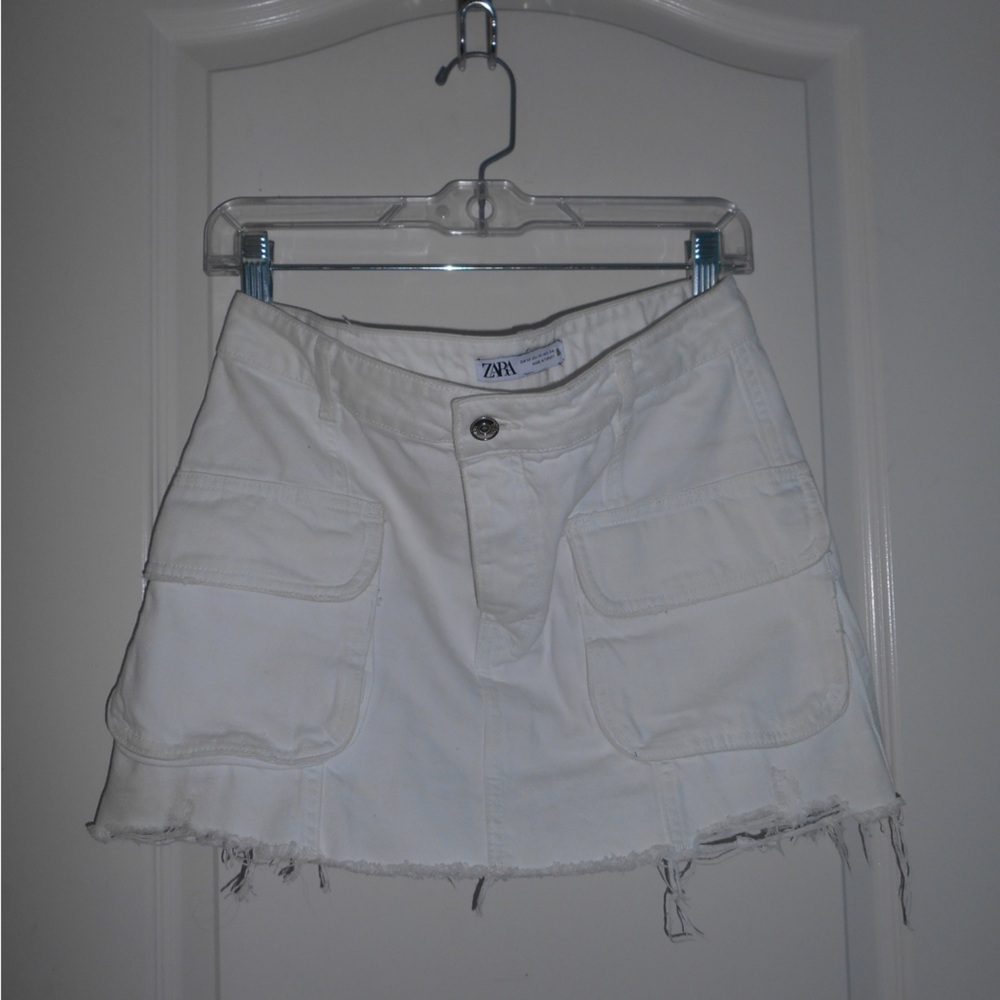 White cargo denim mini skirt